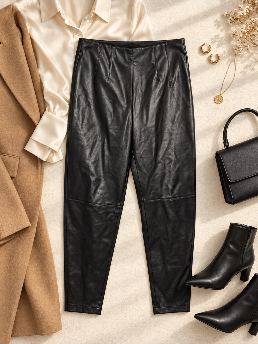 Zara Black Faux Leather Side Zip Tapered Ankle Pants Women’s Large